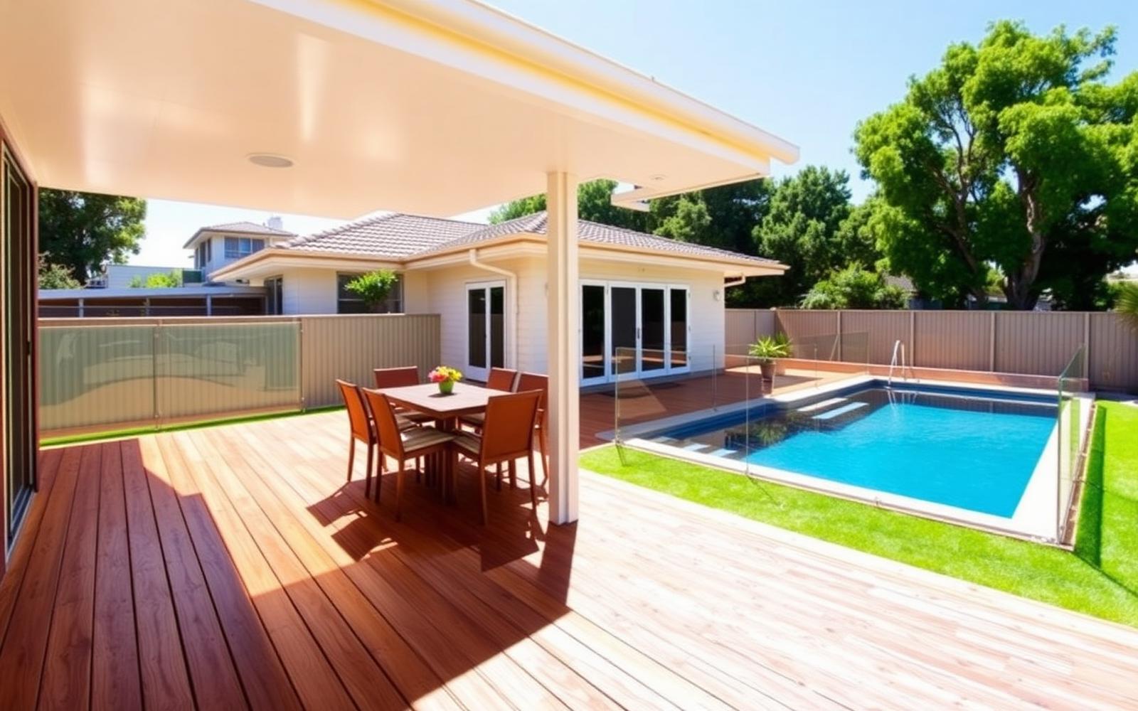 Sunny backyard with timber deck, entertaining patio and glass pool fencing