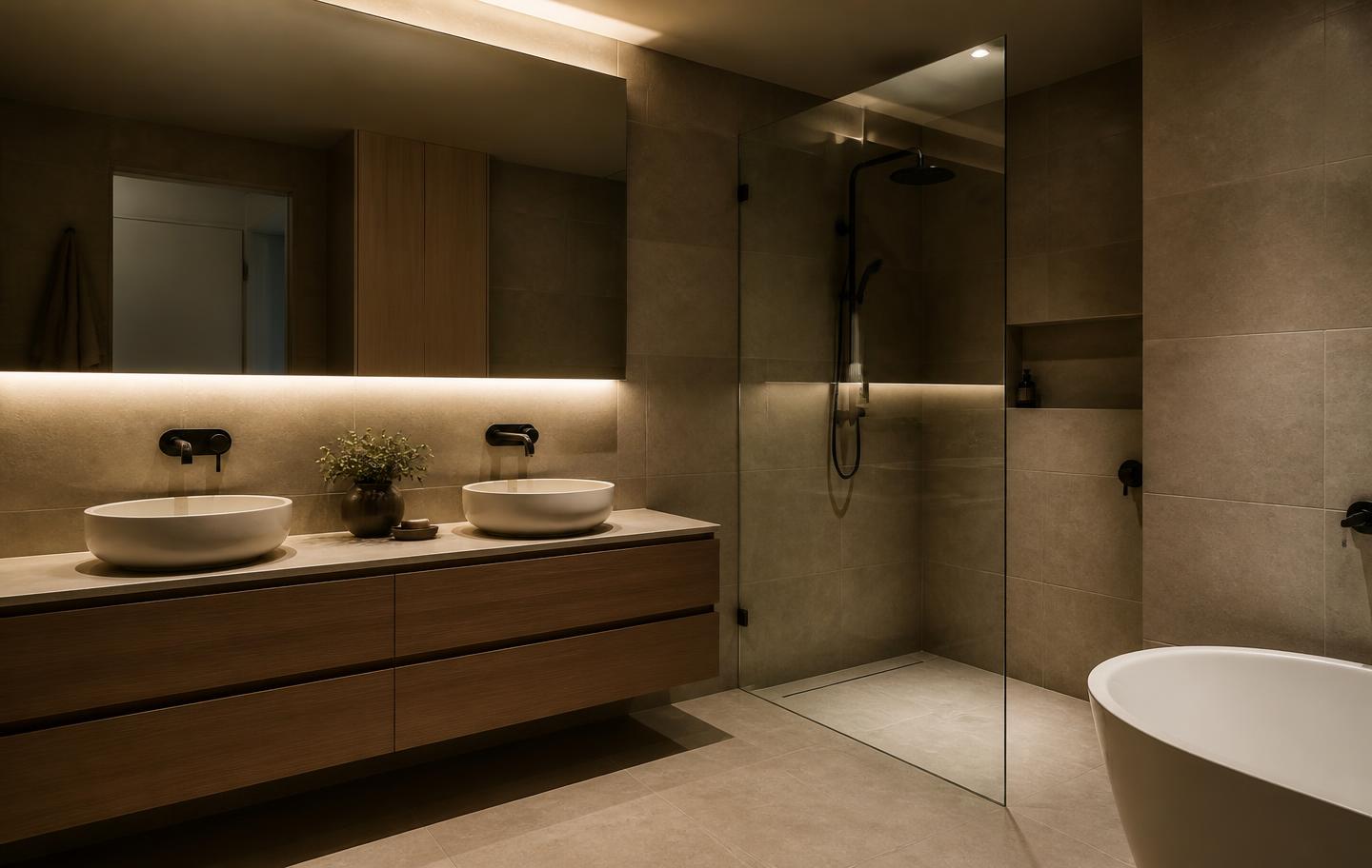 Renovated bathroom with stone tiles, timber vanity and black tapware
