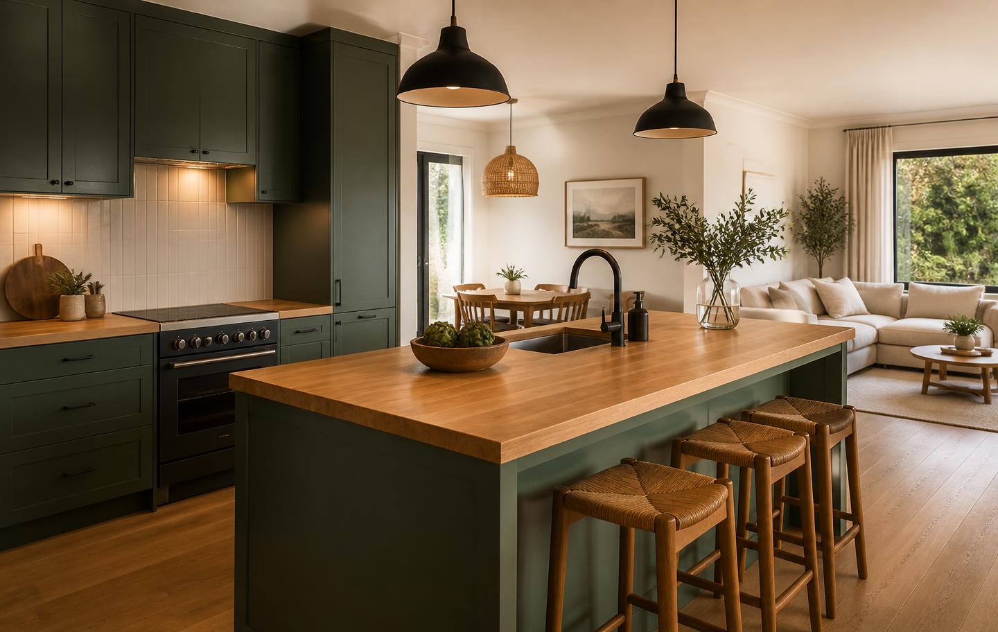 Rebuilt open-plan kitchen with green cabinetry and timber island bench
