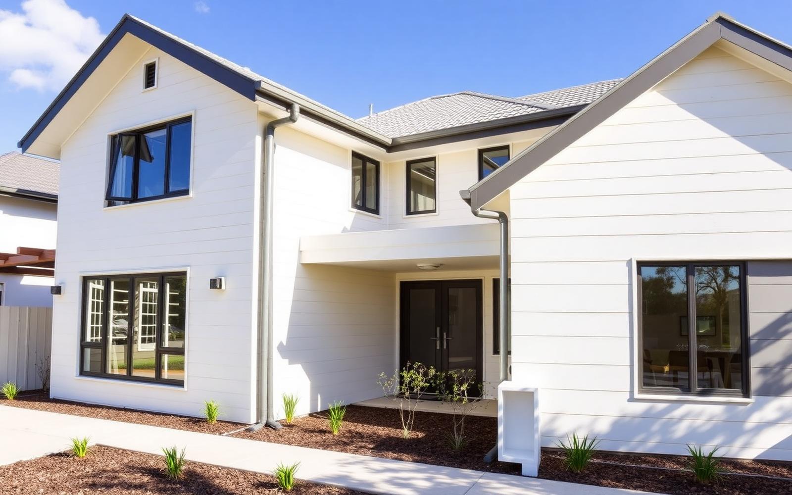 Newly completed two-storey residential home with fresh cladding and windows