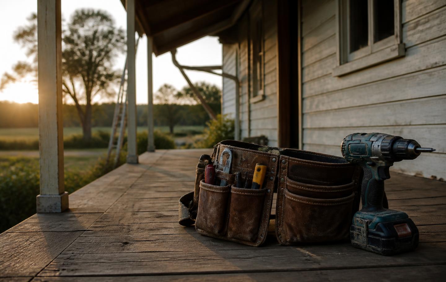 Tool belt and cordless drill on the verandah of a country home during repairs