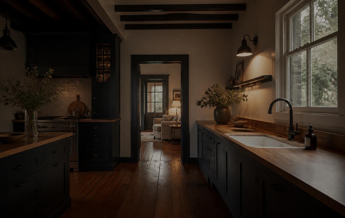 Renovated country farmhouse kitchen with oak benchtop and dark joinery